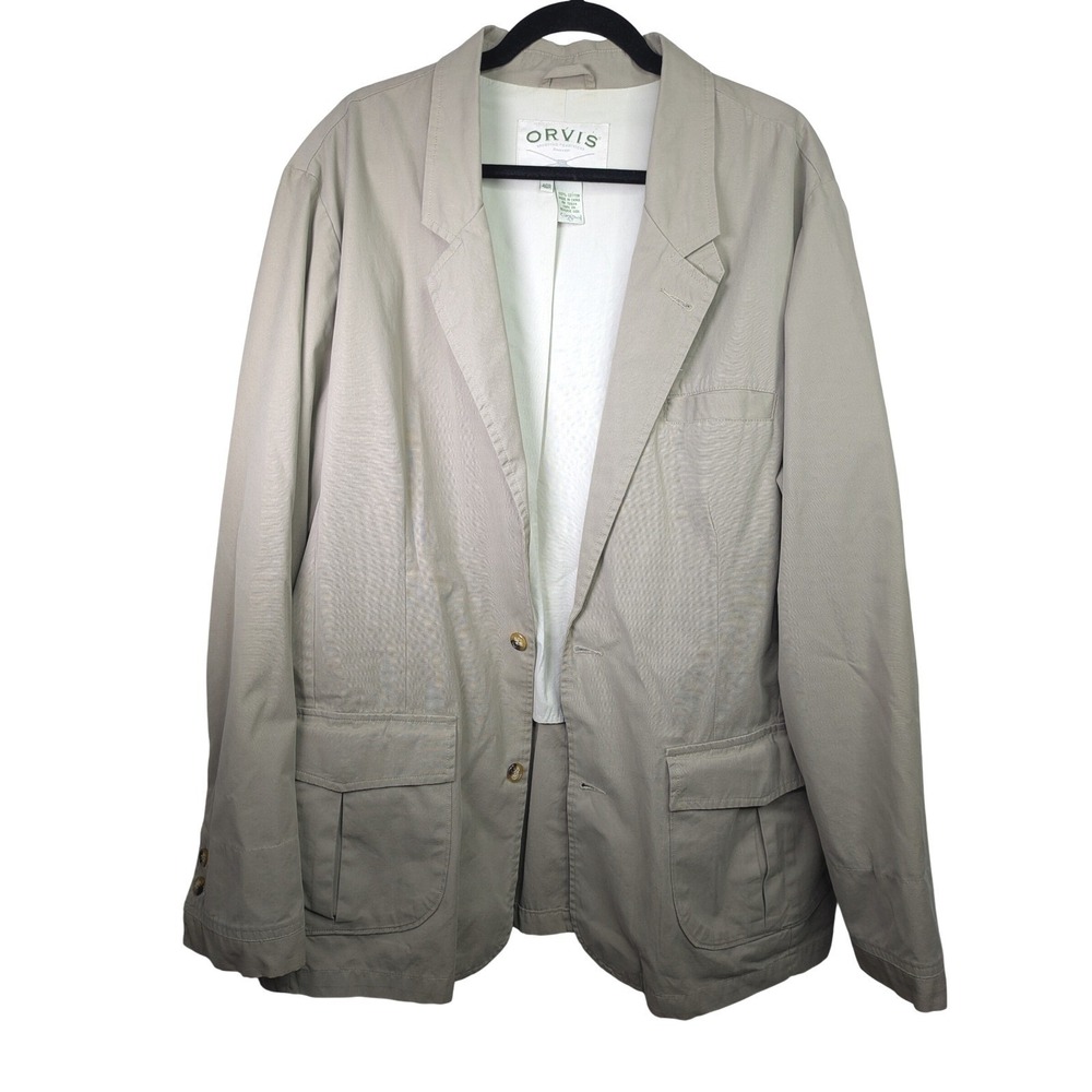 Orvis Mens Sports Jacket 46R Khaki Safari Extra Pockets 100% Cotton Hunting Coat